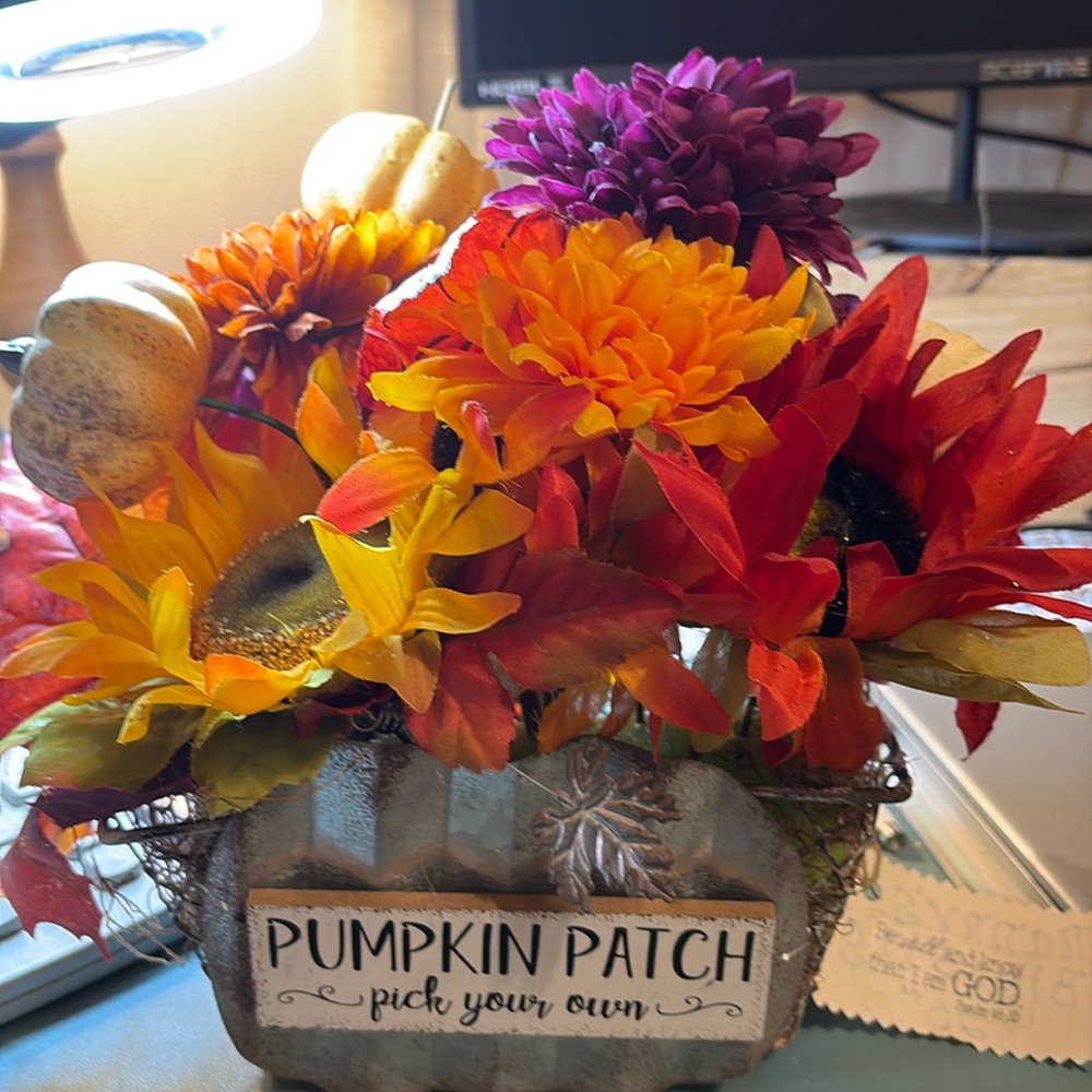 Autumn Harvest Faux Floral Centerpiece - Orange Sunflower & Pumpkins